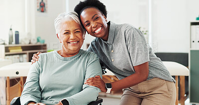 Buy stock photo Portrait, senior woman and happy physiotherapist for healthcare, help and wellness. Patient, physical therapy and person with disability in wheelchair at rehabilitation clinic for medical support