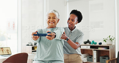 Buy stock photo Exercise, woman and dumbbell for physical therapy, help and medical health. Clinic, weights and physiotherapy for happy senior person in rehabilitation, training muscle or fitness for injury recovery