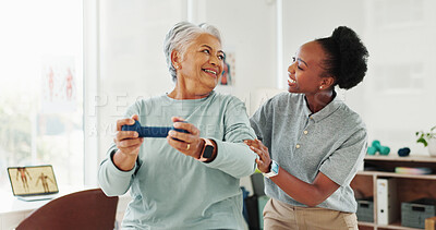 Buy stock photo Fitness, senior woman and weight lifting for physiotherapy, help and medical healthcare. Clinic, dumbbell and physical therapy for happy person in rehabilitation, exercise muscle or injury recovery