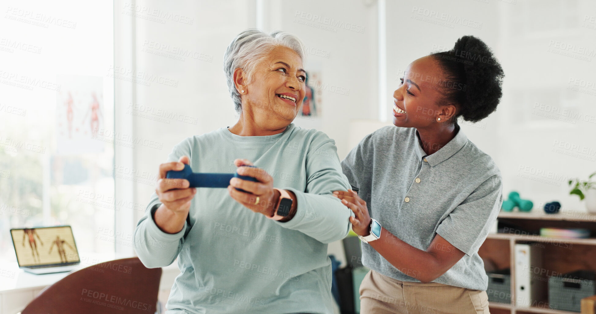 Buy stock photo Fitness, senior woman and weight lifting for physiotherapy, help and medical healthcare. Clinic, dumbbell and physical therapy for happy person in rehabilitation, exercise muscle or injury recovery