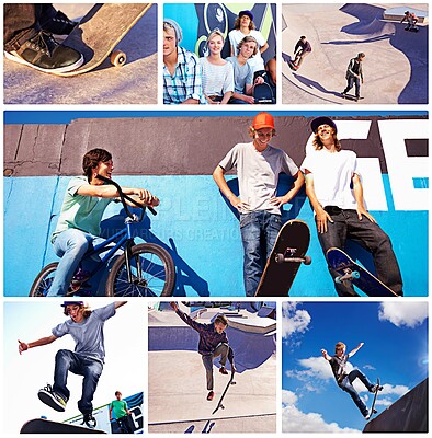 Buy stock photo Happy, teenager group and skating for sports, relax and fitness in digital composite. Collage of friends, skater and energy with smile for exercise, fun and freedom on vacation at skatepark