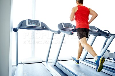 Buy stock photo Man, fitness and back with treadmill for running, workout or cardio training in gym. Exercise, athlete or sports person ready with equipment for endurance, body goals and wellness in health club