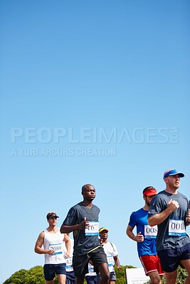 Buy stock photo People, running and outdoor marathon for fitness, cardio challenge and road for endurance competition. Mockup space, contest and community for workout in nature, international tournament and sports