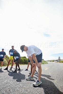 Buy stock photo Marathon, tired and group of people for sports, race competition and wellness challenge for fitness. Road, resting and men with mockup space for running contest, triathlon or international tournament