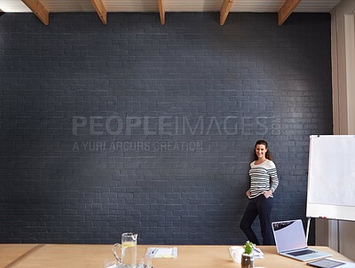 Buy stock photo Business woman, portrait and wall with whiteboard for presentation, coaching or conference at office. Young female person, creative employee or presenter on mockup space for communication or startup