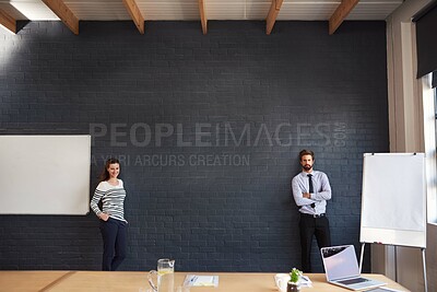 Buy stock photo Business people, portrait and wall with whiteboard for presentation, coaching or conference at office. Creative man, woman or presenters with confidence on mockup space for communication or startup