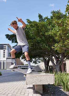 Buy stock photo City, jump and man with skateboard, trick and performance for street skating, action or stunt for game. Outdoor, skateboarder and person with energy for competition, speed or skills for extreme sport