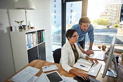 Buy stock photo Computer, coaching and team of business people planning for feedback, advice or sales budget in office. Mentor, help and training intern in meeting for cooperation, discussion and learning new skills