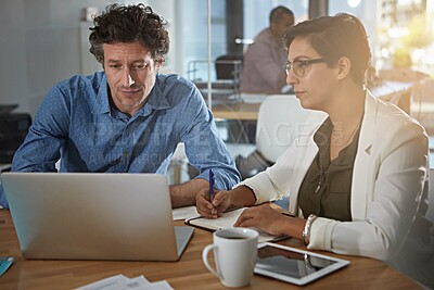 Buy stock photo Teamwork, laptop and research with business people in office for web, planning and consulting. Project management, collaboration and advice with employees in agency for feedback, review and update
