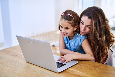 Buy stock photo Funny, mother and happy girl with laptop in home, internet and child with woman for meme or video and childhood development. Search, technology and browse for fun, streaming and bonding together