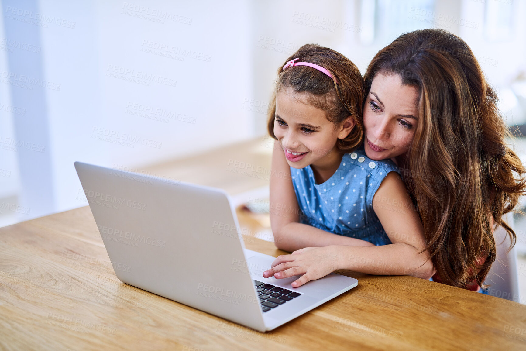 Buy stock photo Funny, mother and happy girl with laptop in home, internet and child with woman for meme or video and childhood development. Search, technology and browse for fun, streaming and bonding together