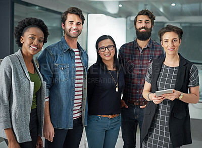 Buy stock photo Diversity, teamwork and portrait of business people for startup, design and project in workplace. Collaboration, men and women in office with digital tablet for company development with workforce 