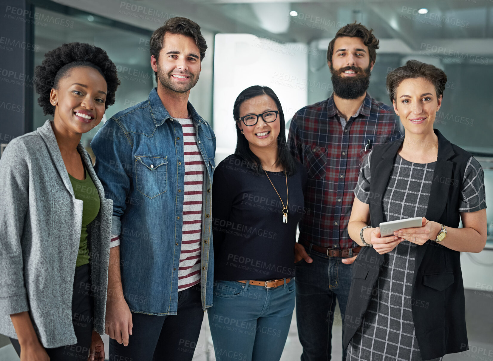 Buy stock photo Diversity, teamwork and portrait of business people for startup, design and project in workplace. Collaboration, men and women in office with digital tablet for company development with workforce 
