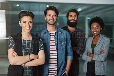 Buy stock photo Portrait, teamwork and diversity in workplace for startup company, design and project in office. Collaboration, men and women in creative agency with pride for business, development and workforce 