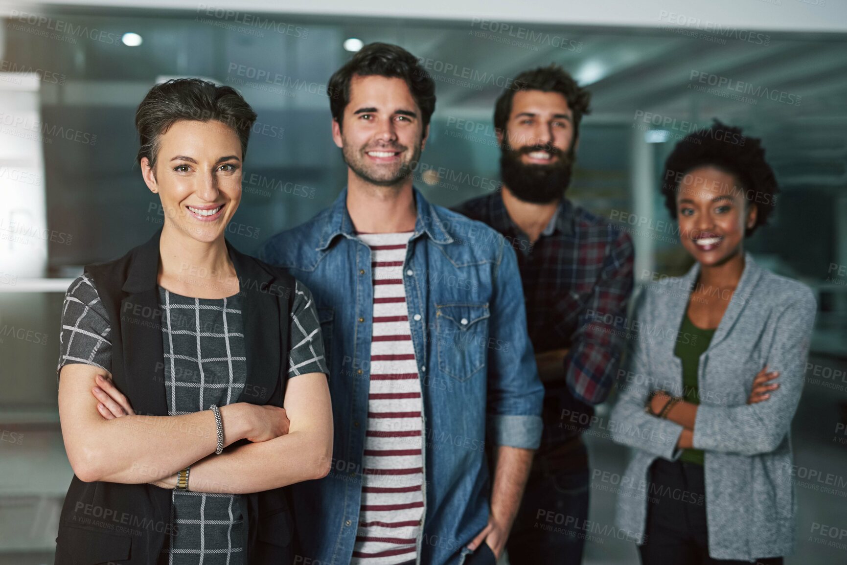 Buy stock photo Portrait, teamwork and diversity in workplace for startup company, design and project in office. Collaboration, men and women in creative agency with pride for business, development and workforce 