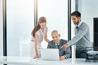 Buy stock photo Laptop, feedback and teamwork in office, business and collaboration with employees, deal and presentation. Happy, boss and proposal in computer, men and woman in project management, corporate and job