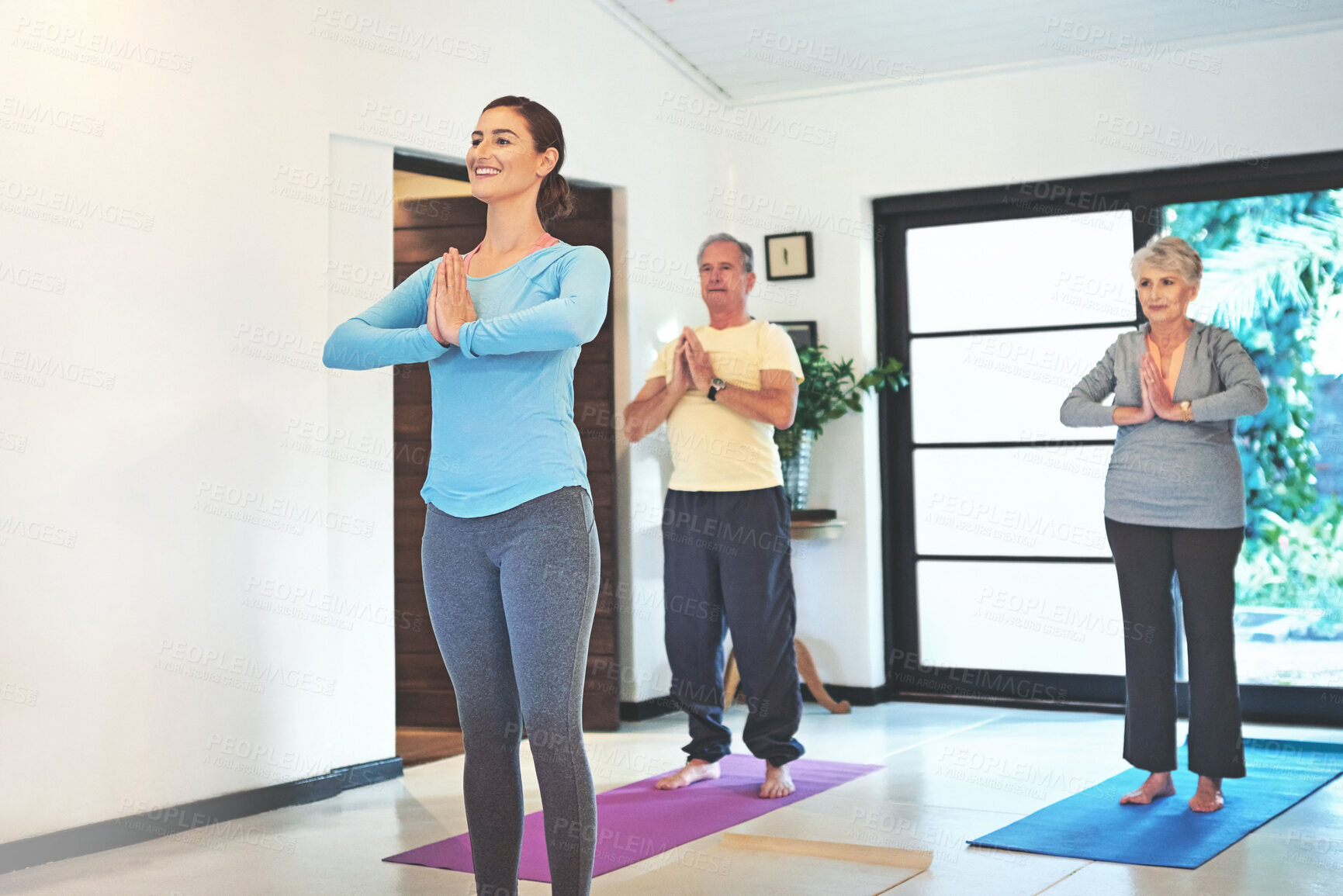 Buy stock photo Senior, couple and personal trainer with yoga exercise or fitness for healthy aging, self care and strength for pain management. People, prayer hands and meditate for stress reduction and mindfulness
