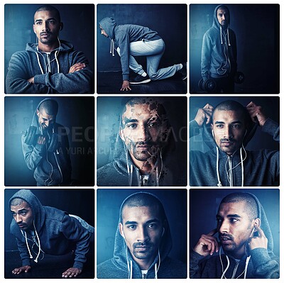 Buy stock photo Man, montage and exercise for fitness, portrait or listen to music with overlay by dark background. Person, training and workout in studio for streaming, dumbbell or bodybuilding for muscle in Brazil