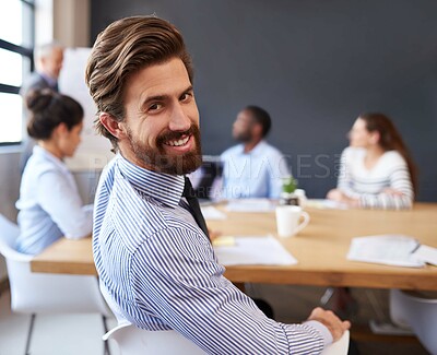 Buy stock photo Meeting, portrait and business man in office for staff training, workshop and creative agency. Boardroom, colleagues and male employee in presentation, startup project and planning in workplace

