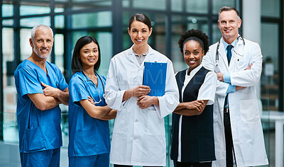 Buy stock photo Doctor, nurse and portrait with arms crossed for teamwork together, professional or confidence. Men, woman and face for healthcare research or breakthrough collaboration, life insurance or support