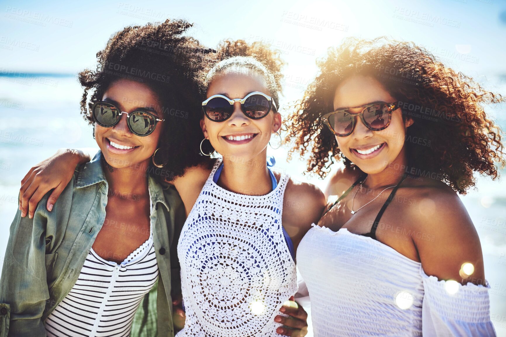 Buy stock photo Friends, holiday and women with sunglasses by beach for fun vacation, travel adventure and bonding together. Sisterhood, people and happy on weekend for summer trip, seaside support and sunbathing