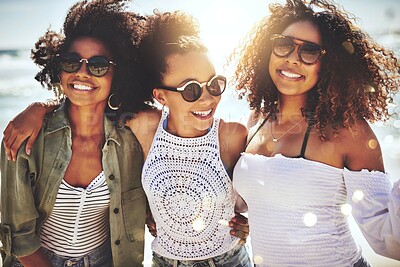 Buy stock photo Friends, travel and women with sunglasses by beach for tropical vacation, holiday adventure and bonding together. Sisterhood, people and happy on weekend for summer trip, seaside support and hangout