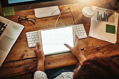 Buy stock photo Above, business and woman with tablet, hands and typing with deadline, internet and mockup space. Closeup, person and evening with researcher for article, graphs and report for charts and review
