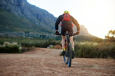 Buy stock photo Nature, mountain bike and man with fitness, travel and energy with hobby, journey and sports. Bicycle, person and cyclist with training, cycling and trail with competition, countryside and adventure