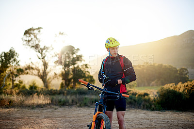 Buy stock photo Thinking, man and mountain bike outdoor for cycling, health and planning journey for morning exercise. Nature, rider and bicycle for sports, off road adventure and triathlon training for fitness