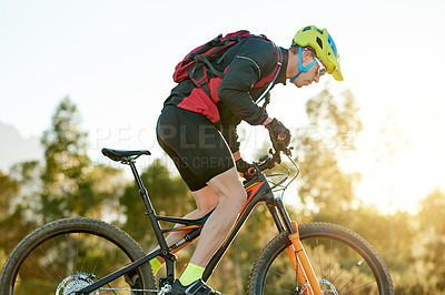 Buy stock photo Travel, mountain bike and man with fitness, training and energy with hobby, trial and sports. Bicycle, person and cyclist with practice, cycling and adventure with competition, countryside or journey