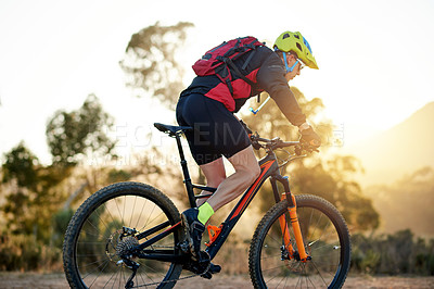 Buy stock photo Nature, mountain bike and man with training, countryside and energy with hobby, travel and adventure. Bicycle, person and cyclist with practice, cycling and trail with competition, sports and journey