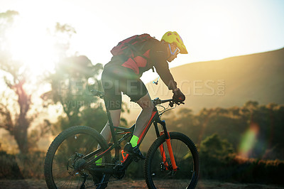 Buy stock photo Sports, mountain bike and man with fitness, training and energy with hobby, travel and competition. Bicycle, person or cyclist with practice, challenge or trail with adventure, countryside or journey