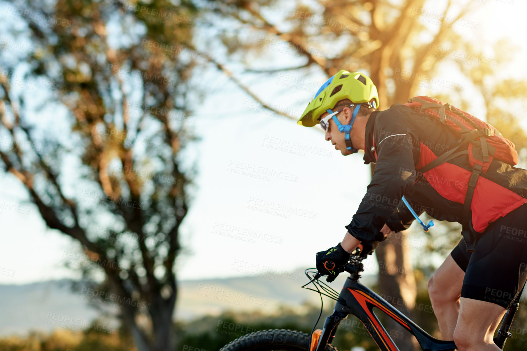 Buy stock photo Cycling, man and mountain bike outdoor for workout, health and exercise for wellness on journey. Nature, rider and bicycle for sports, off road adventure and travel for fitness or cardio training