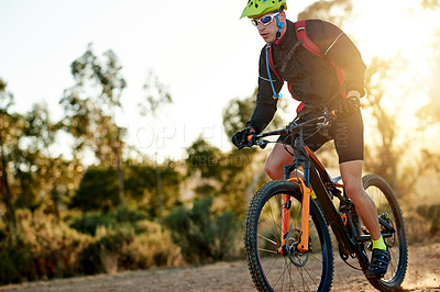 Buy stock photo Man, cycling or sport with mountain bike for fitness, cardio workout or outdoor exercise in nature. Active, male person or cyclist riding with bicycle or helmet for extreme adrenaline on dirt road