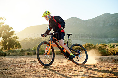 Buy stock photo Mountain bike, training and man with fitness, nature and environment with journey. Person, adrenaline and cyclist with practice, traveling or countryside with adventure, hobby and extreme sports 
