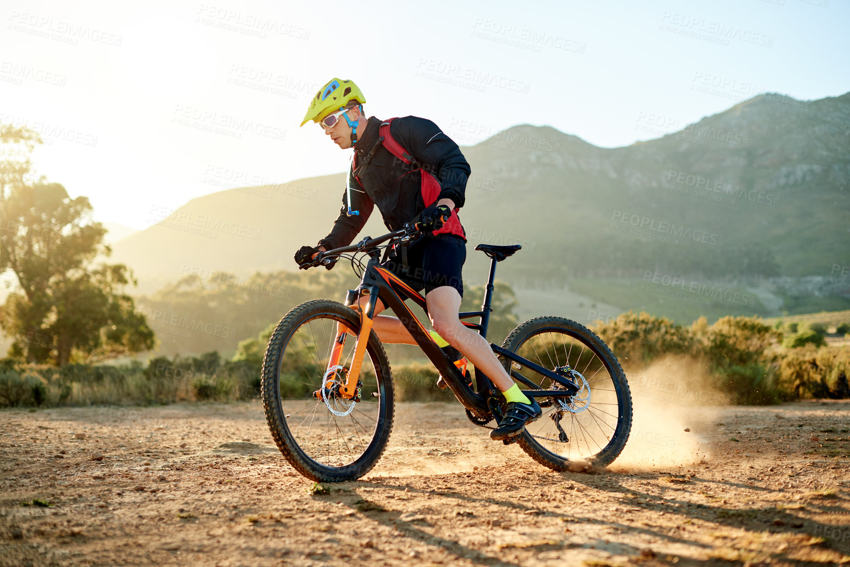 Buy stock photo Mountain bike, training and man with fitness, nature and environment with journey. Person, adrenaline and cyclist with practice, traveling or countryside with adventure, hobby and extreme sports 
