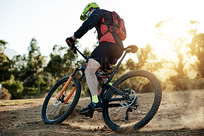Buy stock photo Mountain bike, travel and man with fitness, energy and challenge with competition. Person, adrenaline and cyclist with practice, hobby or countryside with adventure, journey or nature with sports