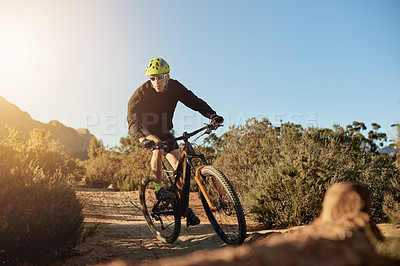 Buy stock photo Mountain bike, journey and man with fitness, energy and environment with competition. Person, challenge and cyclist with practice, travel or countryside with adventure, wellness or nature with hobby