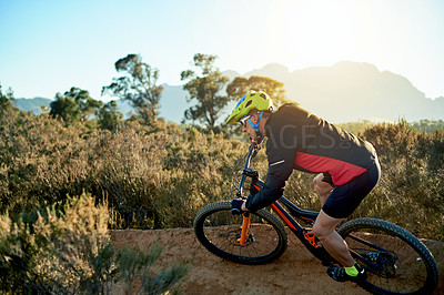 Buy stock photo Mountain bike, training and man with nature, energy and environment with competition. Bicycle, adrenaline and cyclist with practice, travel or hobby with adventure, challenge or fitness with sports