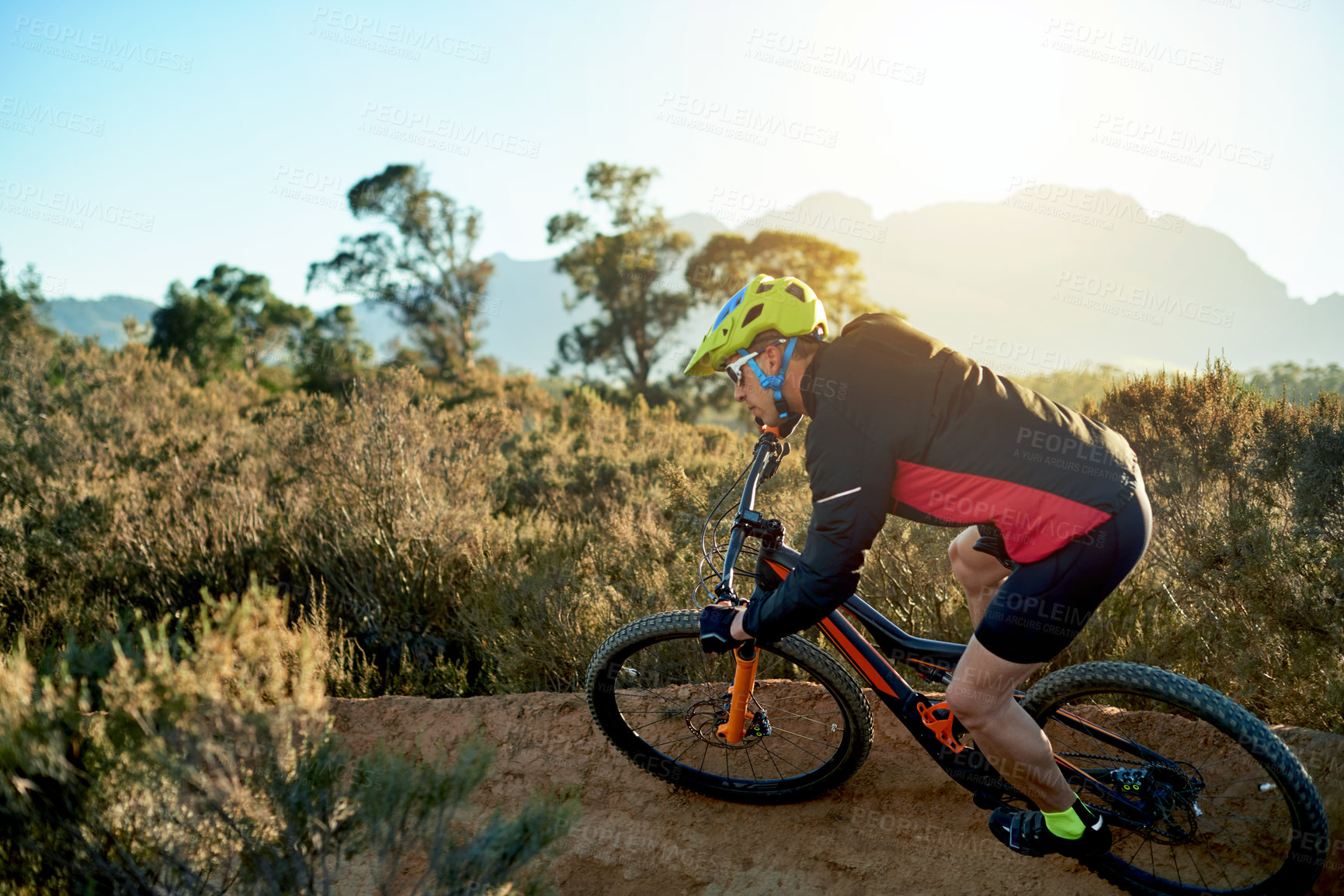 Buy stock photo Mountain bike, training and man with nature, energy and environment with competition. Bicycle, adrenaline and cyclist with practice, travel or hobby with adventure, challenge or fitness with sports