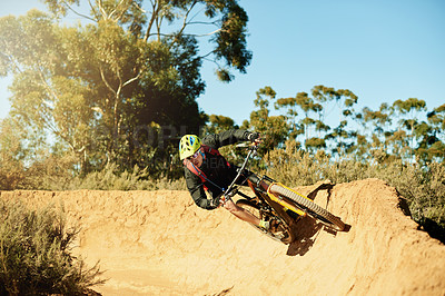 Buy stock photo Balance, bike and trail with man in mountains for outdoor adrenaline, adventure or training. Exercise, fitness and off road with person cycling in nature for challenge, competition or performance