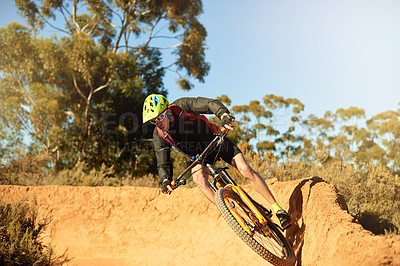 Buy stock photo Cycling, sports and trail with man in mountains for outdoor adrenaline, adventure or training. Exercise, fitness and off road with person on bike in nature for challenge, competition or performance