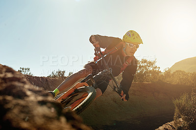 Buy stock photo Mountain bike, sports and trail with man outdoor adrenaline, adventure or training off road. Concentration, exercise or fitness and person cycling in nature for challenge, competition or performance