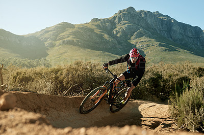 Buy stock photo Bike, off road and trail with cyclist on mountain trail for adrenaline, adventure or training. Exercise, fitness and hobby with sports man cycling in nature for challenge, health or performance