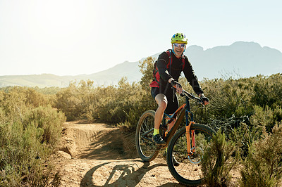 Buy stock photo Bike, smile and sports with man on mountain trail for adrenaline, adventure or training. Exercise, excitement and fitness with happy person cycling in nature for challenge, competition or performance