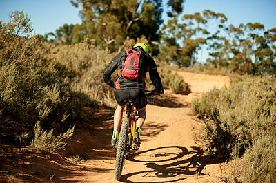 Buy stock photo Back, man and bike on mountain for fitness, challenge and sport on dirt path. Athlete, bicycle and cycling on nature trail for exercise, cardio training or travel in environment for outdoor adventure