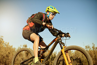 Buy stock photo Mountain bike, adventure and man with fitness, nature and environment with challenge. Healthy person, extreme sports and cyclist with practice, energy or bicycle for hobby, wellness or competition
