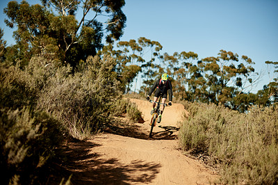 Buy stock photo Mountain, trail and man with bicycle, fitness and speed for race in nature, carbon footprint and cycling. Outdoor, adventure and person with eco friendly transport, environment and performance