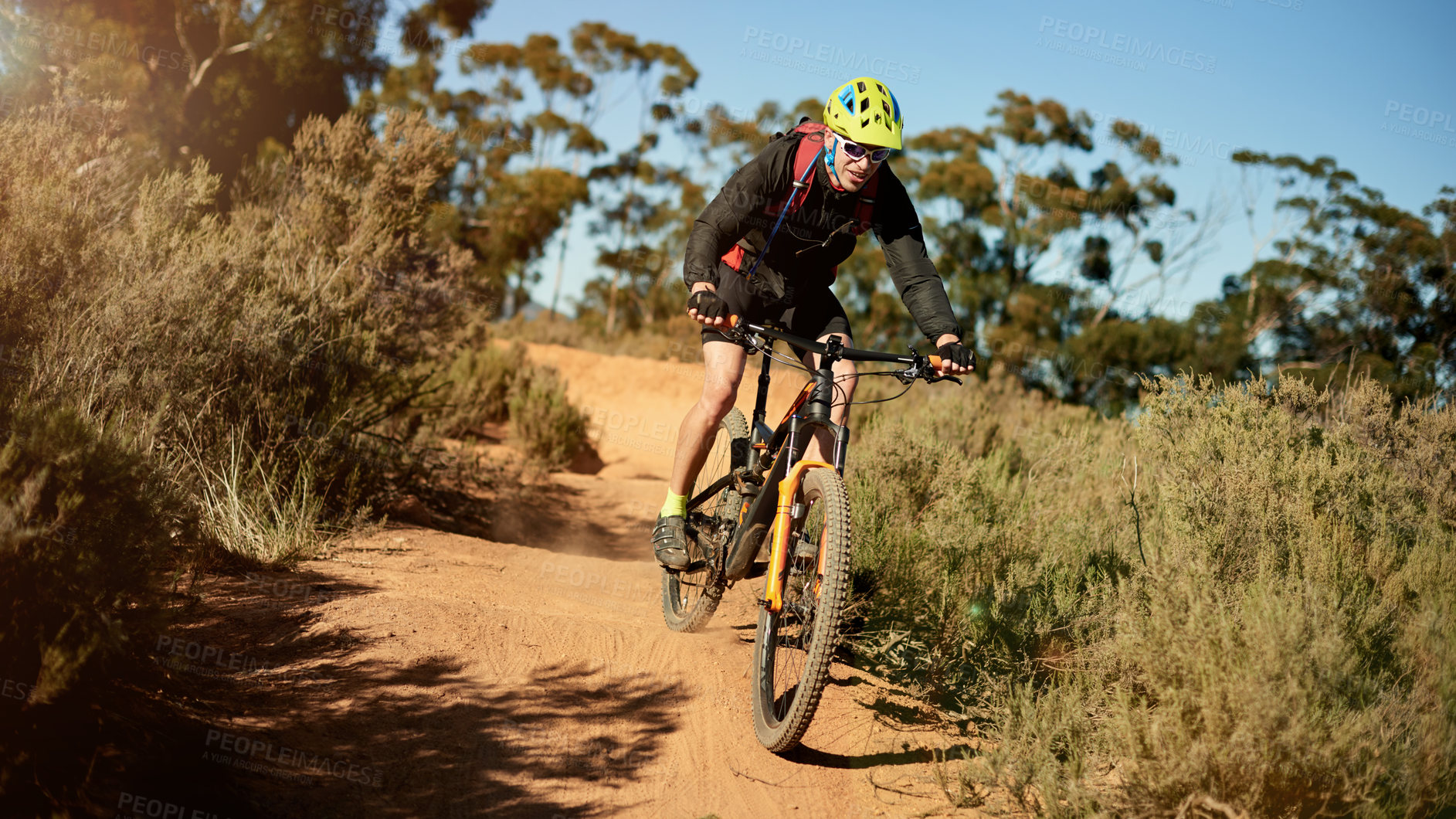Buy stock photo Sport, man and bike on nature trail for journey, challenge and practice for competition. Fitness, athlete and bicycle on mountain course for adventure, exercise and cardio training in environment