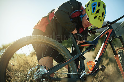 Buy stock photo Fitness, man and bicycle on mountain for repair, loose chain and maintenance on journey. Cyclist, safety and bike in nature with fix, problem solving and check tire pressure with equipment inspection